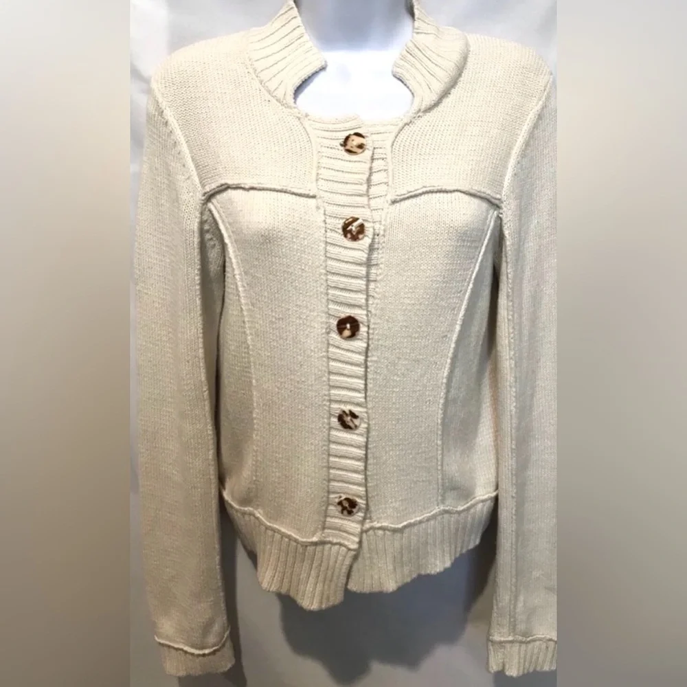 NIC + ZOE Sweater Ivory Patchwork Button Front Cardigan Career Casual Cotton